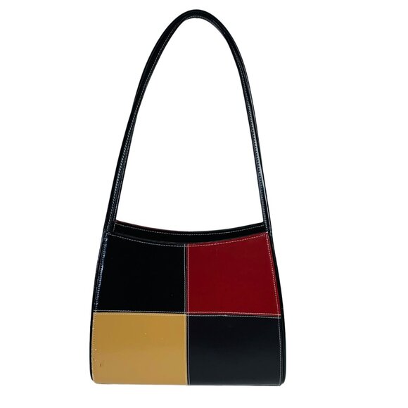 Y2K Colorblock Patchwork Shoulder Bag With Long Straps Faux Leather Purse VTG - Picture 1 of 12